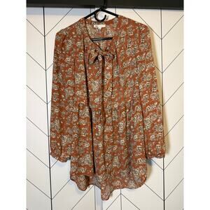DR2 Women Small Rust White Floral High Low Bow Keyhole Flowy Babydoll Tunic Top